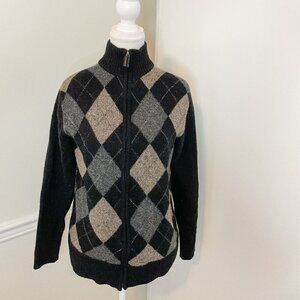 Mantles Wool Cashmere Front Zip Argyle Sweater Small